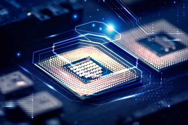 Smart microchip background on a motherboard closeup technology remix Free Photo