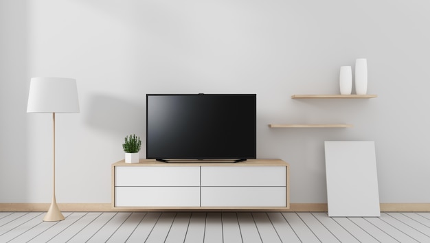 Download Smart tv mockup with blank black screen hanging on the cabinet decor. 3d rendering | Premium Photo