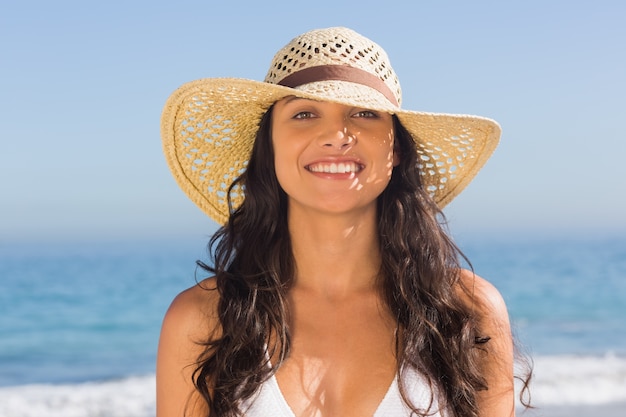 Premium Photo Smiling Attractive Dark Haired Woman Wearing Straw Hat Posing 0128