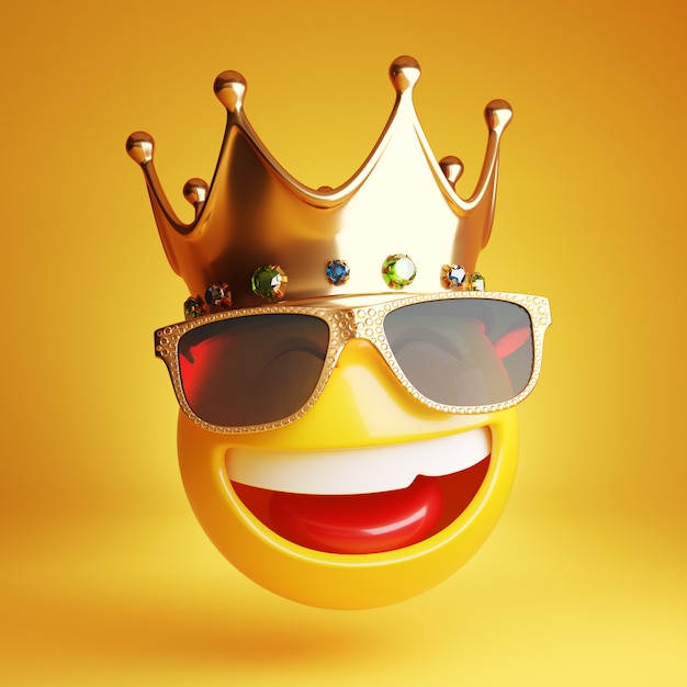 Smiling emoji with golden sunglass and a royal crown 3d Premium Photo