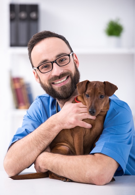 Premium Photo | Smiling male veterinarian is holding a dog.