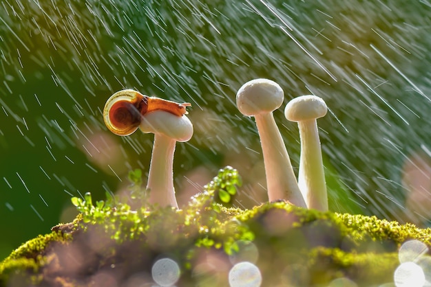 Premium Photo | Snails on mushrooms when it rains