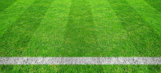 サッカー場の緑の芝生でサッカーライン スポーツの背景のための緑の芝生フィールドパターン プレミアム写真