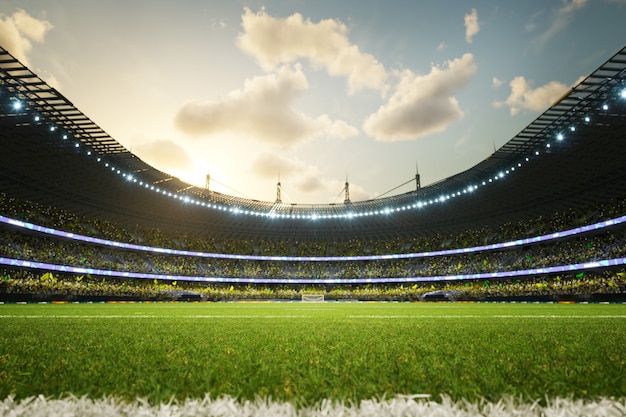 サッカースタジアムの焦点ぼけの背景イブニングアリーナと群衆のファンdイラスト プレミアム写真