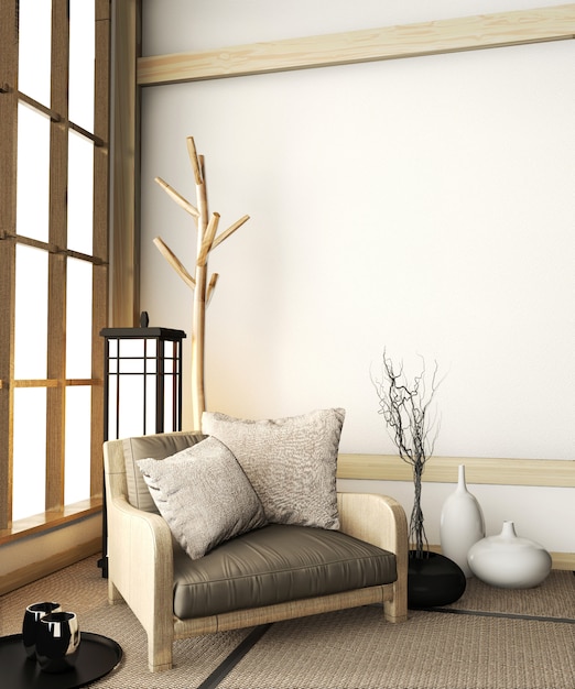 Sofa Armchair On Room Zen With Tatami Floor And Decoration