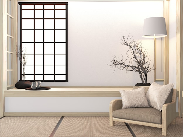 Sofa Armchair On Room Zen With Tatami Floor And Decoration