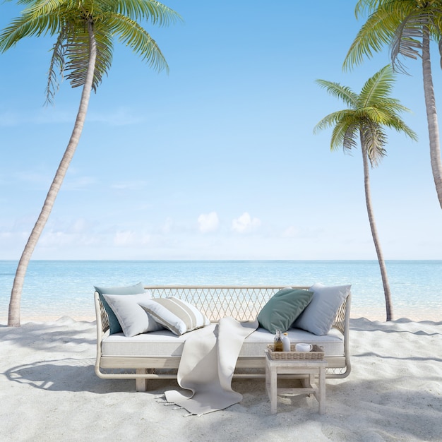 Premium Photo | Sofa on sand beach with palm and seaview