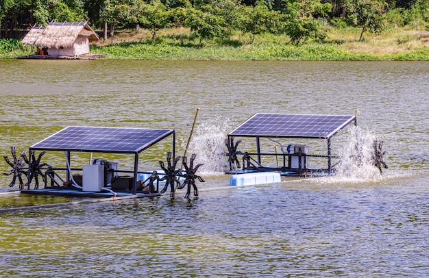 Solar cells in a small resort located in the middle of the mountains, it is working and useful. Premium Photo