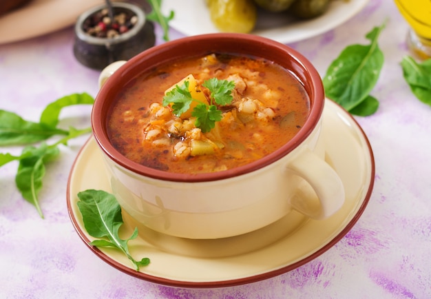 Premium Photo | Soup with pickled cucumbers and pearl barley ...