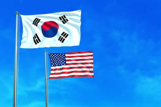  South  korea  and united states usa  flags  on the blue sky 