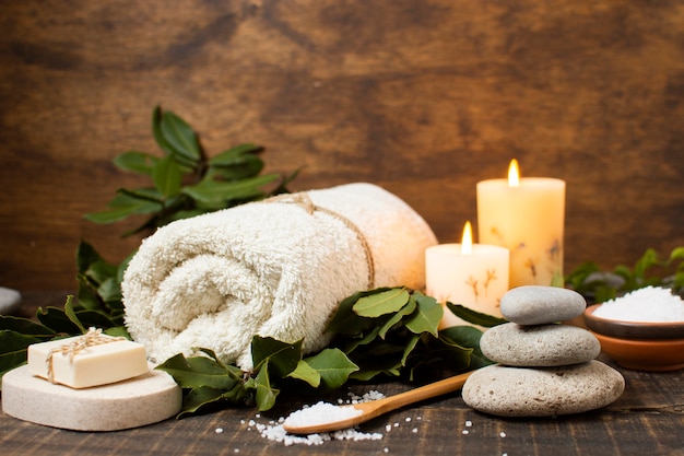  Spa arrangement with towel, soap and salt Premium Photo