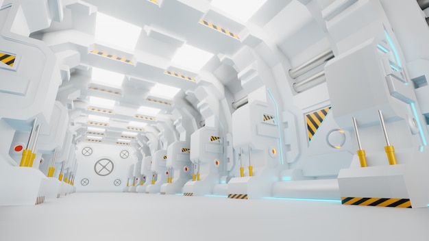宇宙船回廊は 動く宇宙船の内部を示すストックモーショングラフィックビデオです Povは廊下に沿って移動します 3dレンダリング プレミアム写真