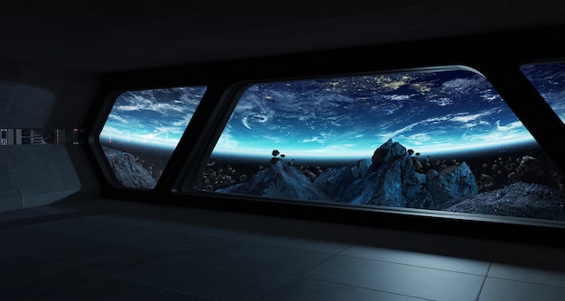 Spaceship Futuristic Interior With View On Planet Earth