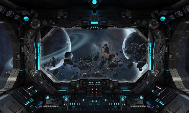 Spaceship Grunge Interior With View On Exoplanet Photo