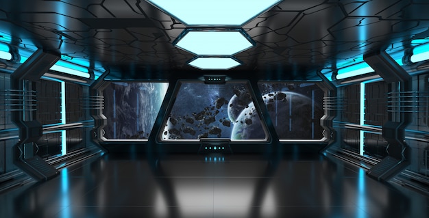 Spaceship Interior With View On Distant Planets System 3d