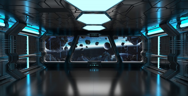 Spaceship Interior With View On The Planet Earth 3d Rendering