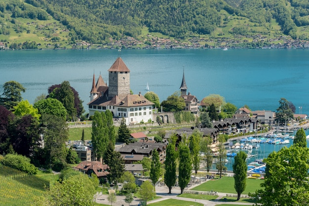 Premium Photo | Spiez castle with sailboat on lake thun in bern ...