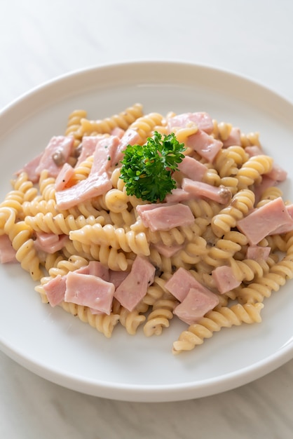 Premium Photo Spirali Or Spiral Pasta Mushroom Cream Sauce With Ham