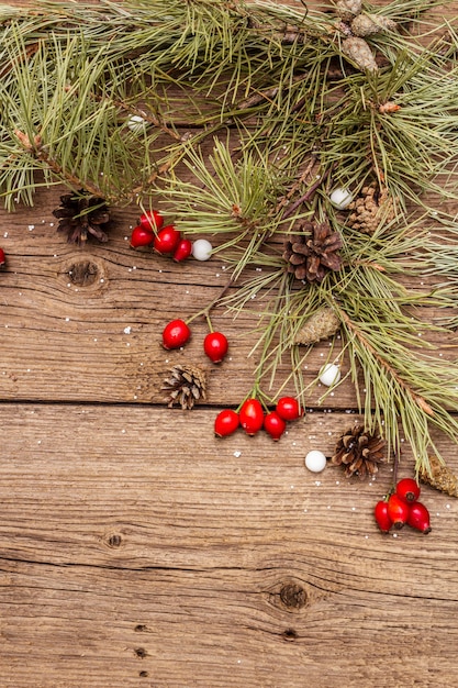 Spirit Christmas On Wooden Table Fresh Dog Rose Berries Ball