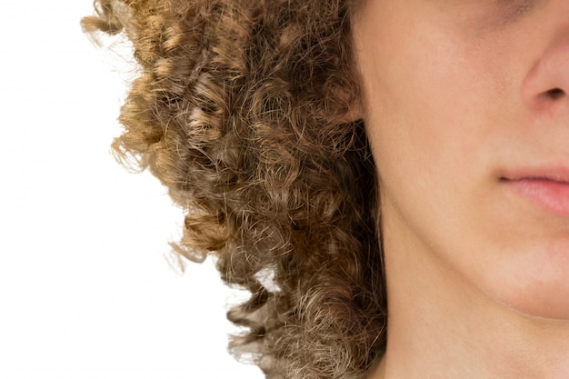 Premium Photo Splited In Half Cropped Portrait Of A Young Curly European Man With Long Curly Hair And Closed Eyes Close Up Very Lush Male Hair Curling Hair For Men A