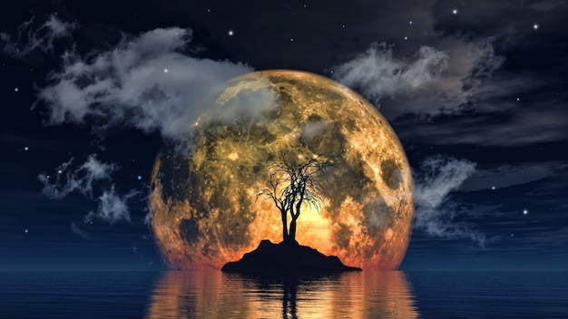 月の画像に対して不気味な木のレンダリング3d 無料の写真