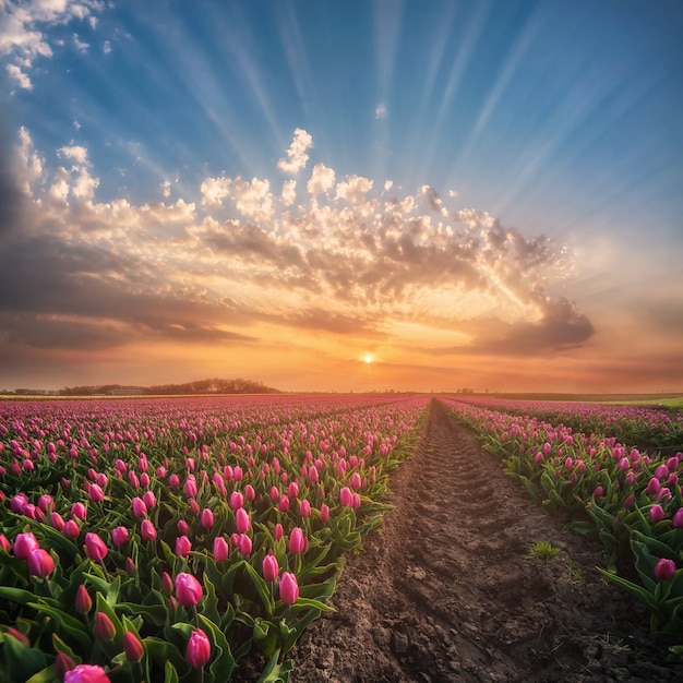 Premium Photo | Spring landscape with boudless fields of tulip, sunrise ...