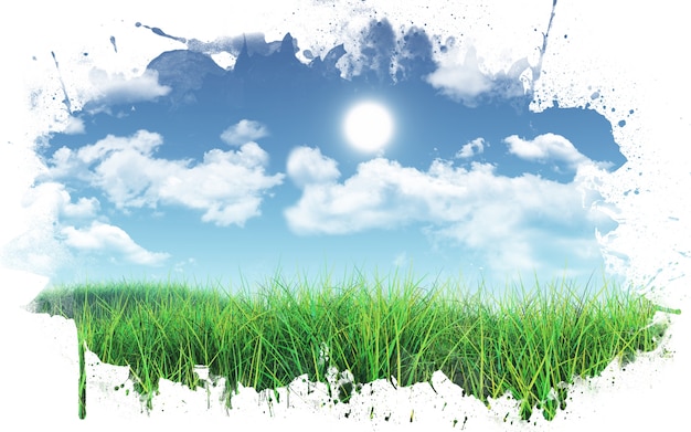 ペイントスプラッタフレームとふわふわ白い雲と青い空を背景に芝生の風景のレンダリング3d 無料の写真