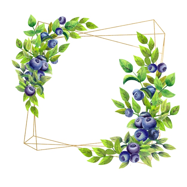 プレミアム写真 水彩花とブルーベリーの正方形のフレーム
