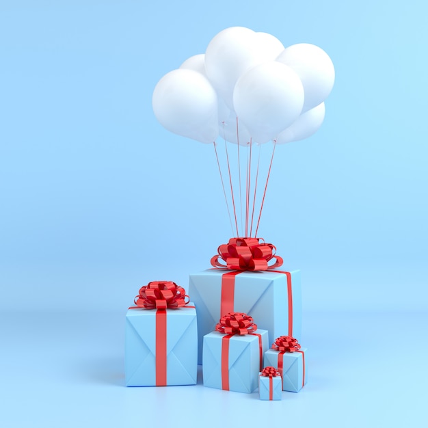 Square gift box fly in air white balloon  and red ribbon blue background. 3d pastel concept render P