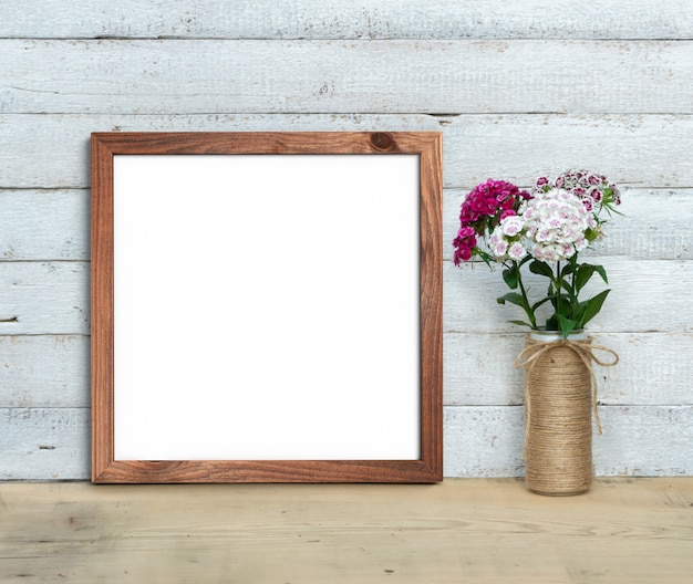 Download Square old wooden frame mockup near a bouquet of sweet ...