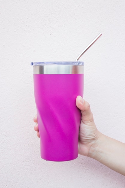 Stainless steel straw and thermos mugs for reusable set Premium Photo