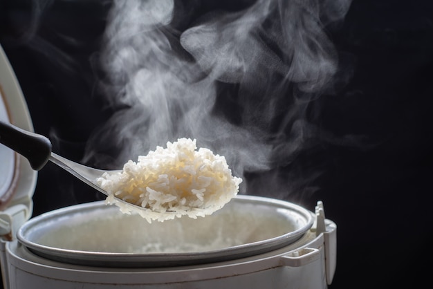 The steam from man taking tasty rice with spoon from cooker in kitchen, jasmine rice cooking in electric rice cooker with steam. selective focus, Premium Photo