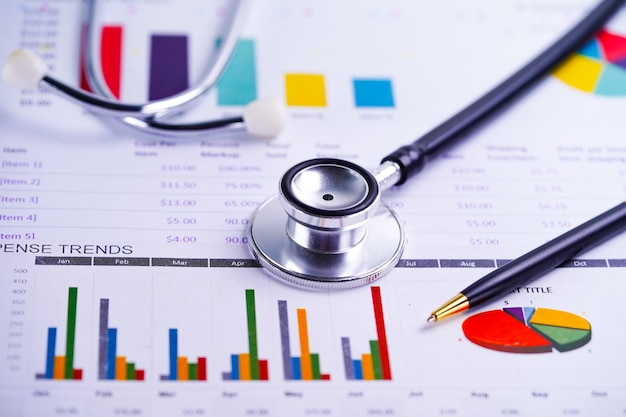 Premium Photo | Stethoscope, charts and graphs spreadsheet paper