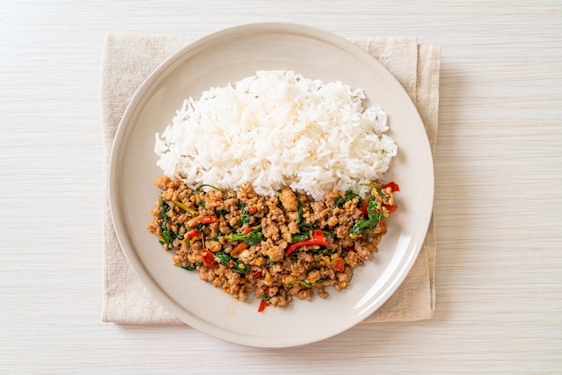 Premium Photo Stir Fried Thai Basil With Minced Pork And Chilli On Topped Rice Thai Local