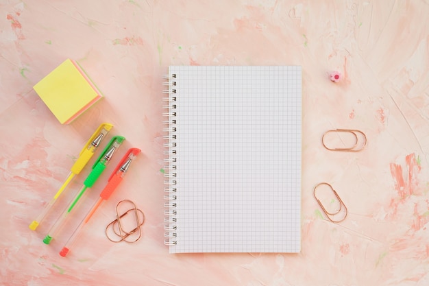 Student desk workspace. flat lay, top view, header template. Premium Photo