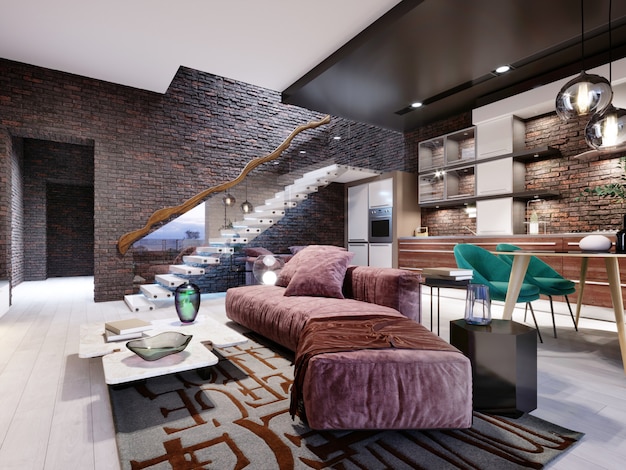 Premium Photo Studio Loft Design With Staircase And Dark Brick Wall Living Room With Burgundy Upholstered Furniture And A Modern Kitchen 3d Rendering