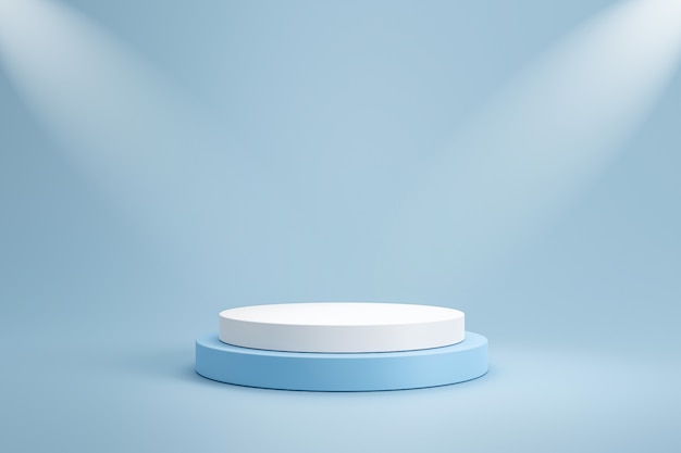 Studio template and white round shape pedestal on light blue wall with spotlight product shelf. blan