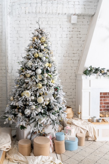Stylish Christmas Interior Decorated In Gray Colors Pastel Colors