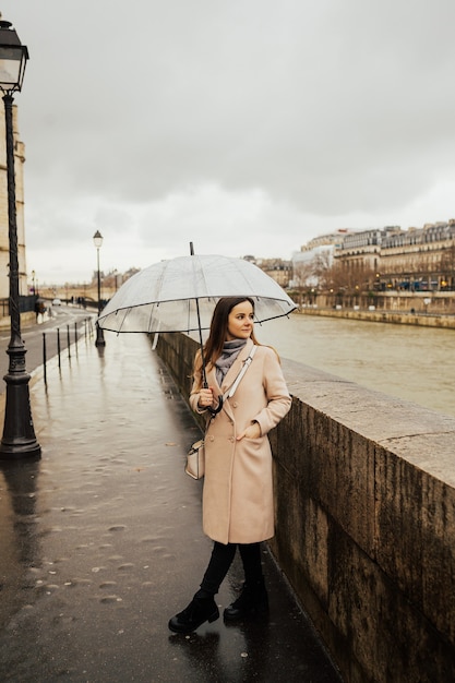 街の都会の景色 雨の日のモデルと風景の透明な傘を持つスタイリッシュな女の子 プレミアム写真