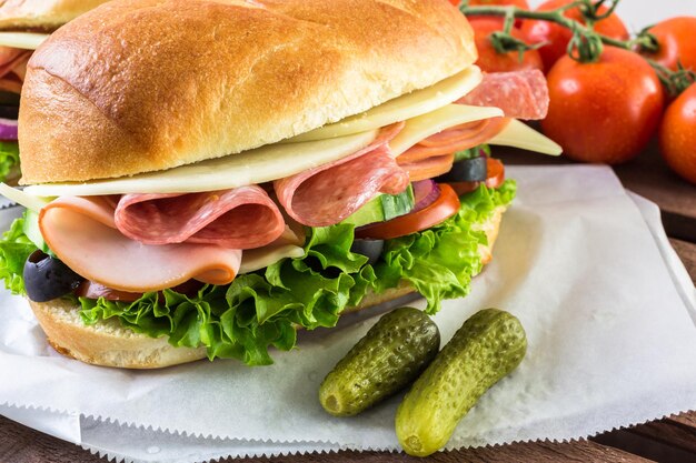 Premium Photo | Sub sandwich with fresh vegetables, lunch meat and ...