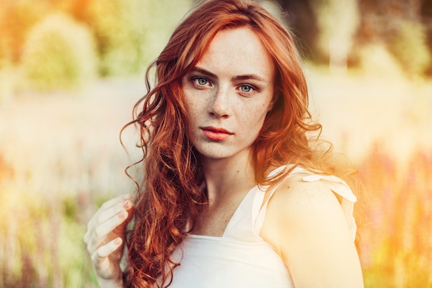 Premium Photo Summer Portrait Of Young Sexy Ginger Girl With Freckles