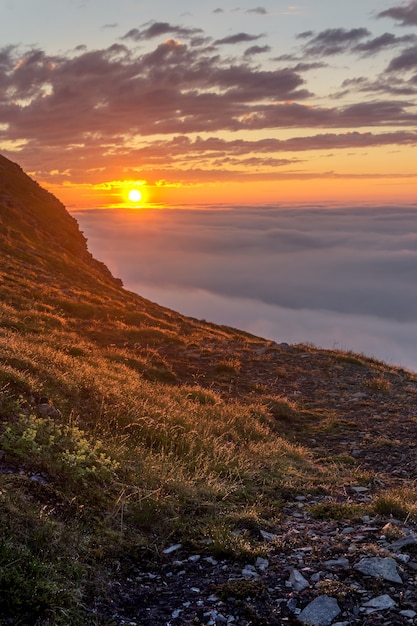 Premium Photo | Sunset in the fog on the rocks of soroya island, norway