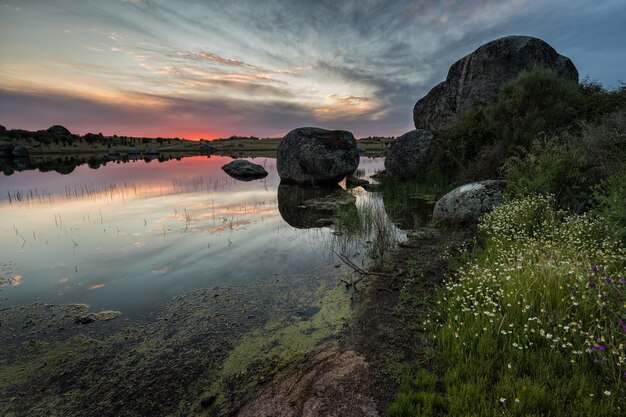 ロスバルルーコスの自然地域の夕日 マルパルティダデカセレス スペイン プレミアム写真