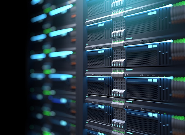 Super computer server racks in datacenter. 3d illustration Premium Photo