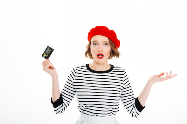 Free Photo Surprised Lady In Red Beret Looking Camera With Outstretched Hands Isolated