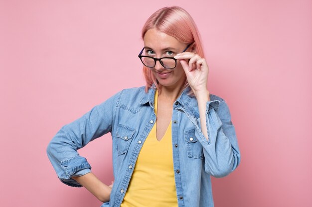 Premium Photo Surprised Woman In Disbelief Taking Off Or On Glasses