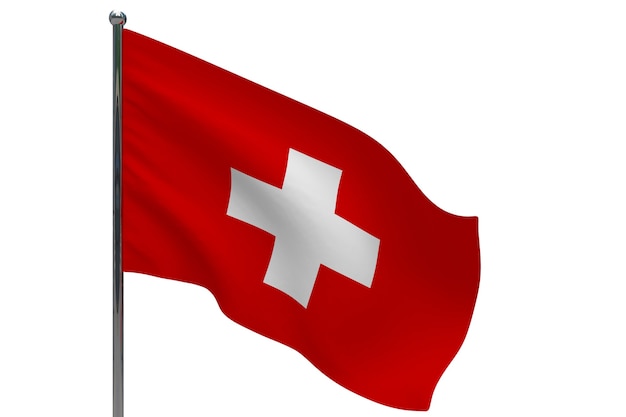 ポールにスイス国旗 金属製の旗竿 白のスイスの3dイラストの国旗 プレミアム写真
