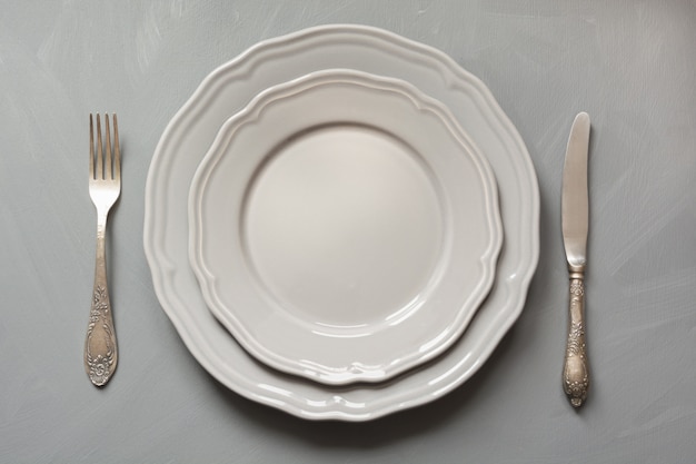 Table place setting on gray. top view. concept. Premium Photo