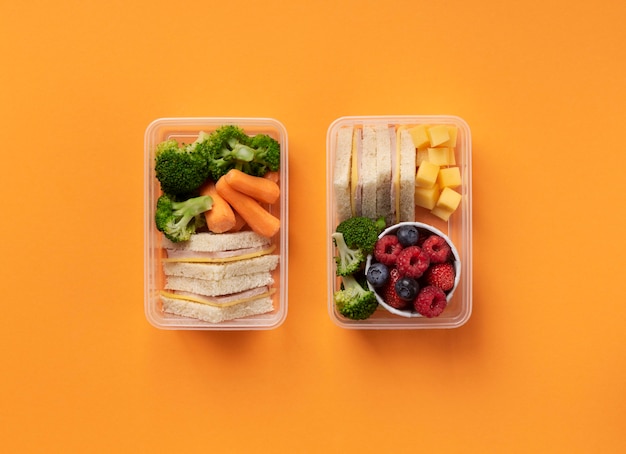 Free Photo | Tasty food lunch boxes arrangement top view