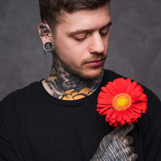 耳と鼻ピアス赤いガーベラの花を手に保持している彼の肩越しに見ていると刺青の若い男 プレミアム写真 耳と鼻ピアス赤いガーベラの花を手に保持している彼の肩越しに見ていると刺青の若い男 プレミアム写真